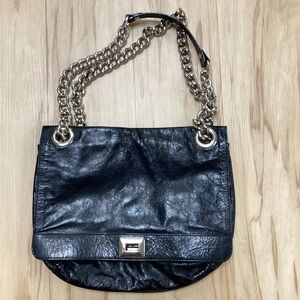 Vintage Nordstrom Crinkle Black Leather Silver Hardware Chunky Chain  Bag Purse